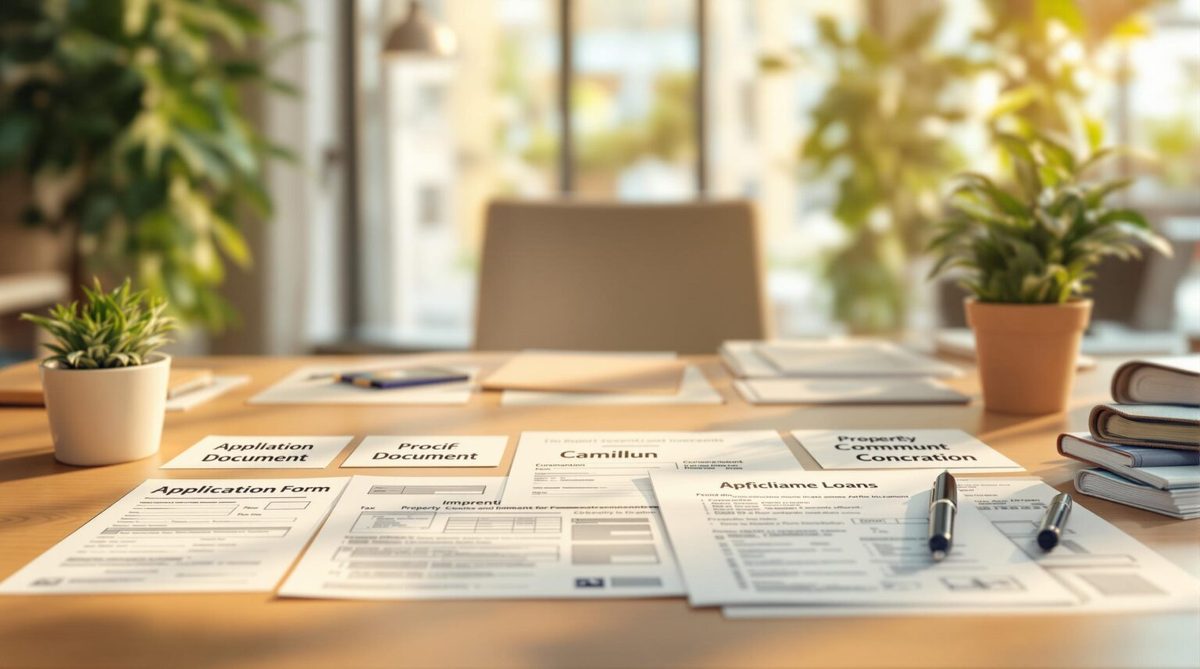Home loan application documents laid out on a desk — IDs, proof of income and property papers